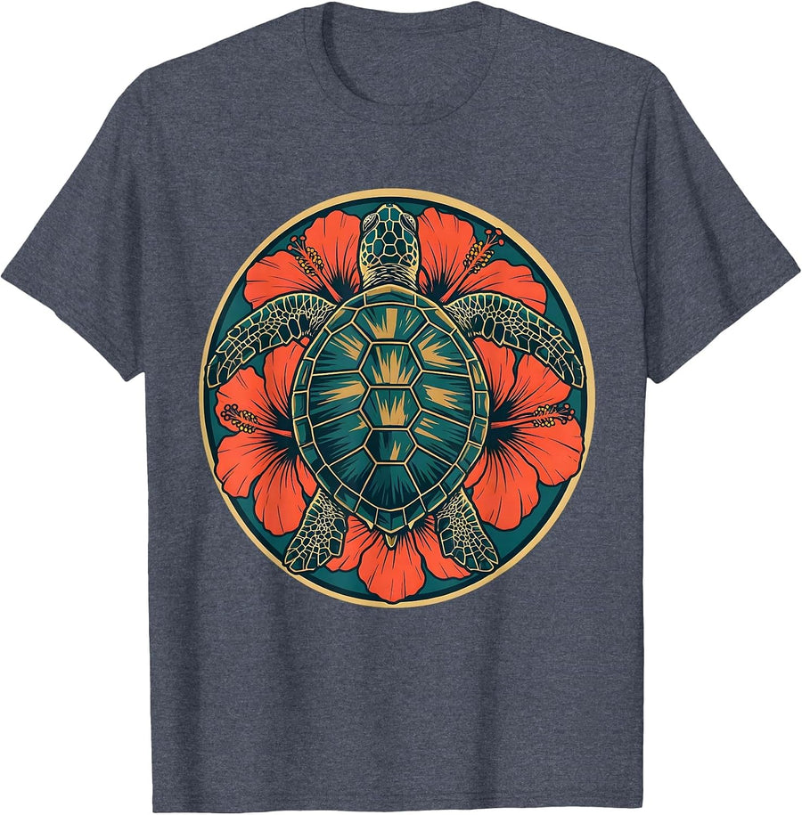 Sea Turtle Hibiscus Luau Tropical Graphic T-Shirt - Heather Blue