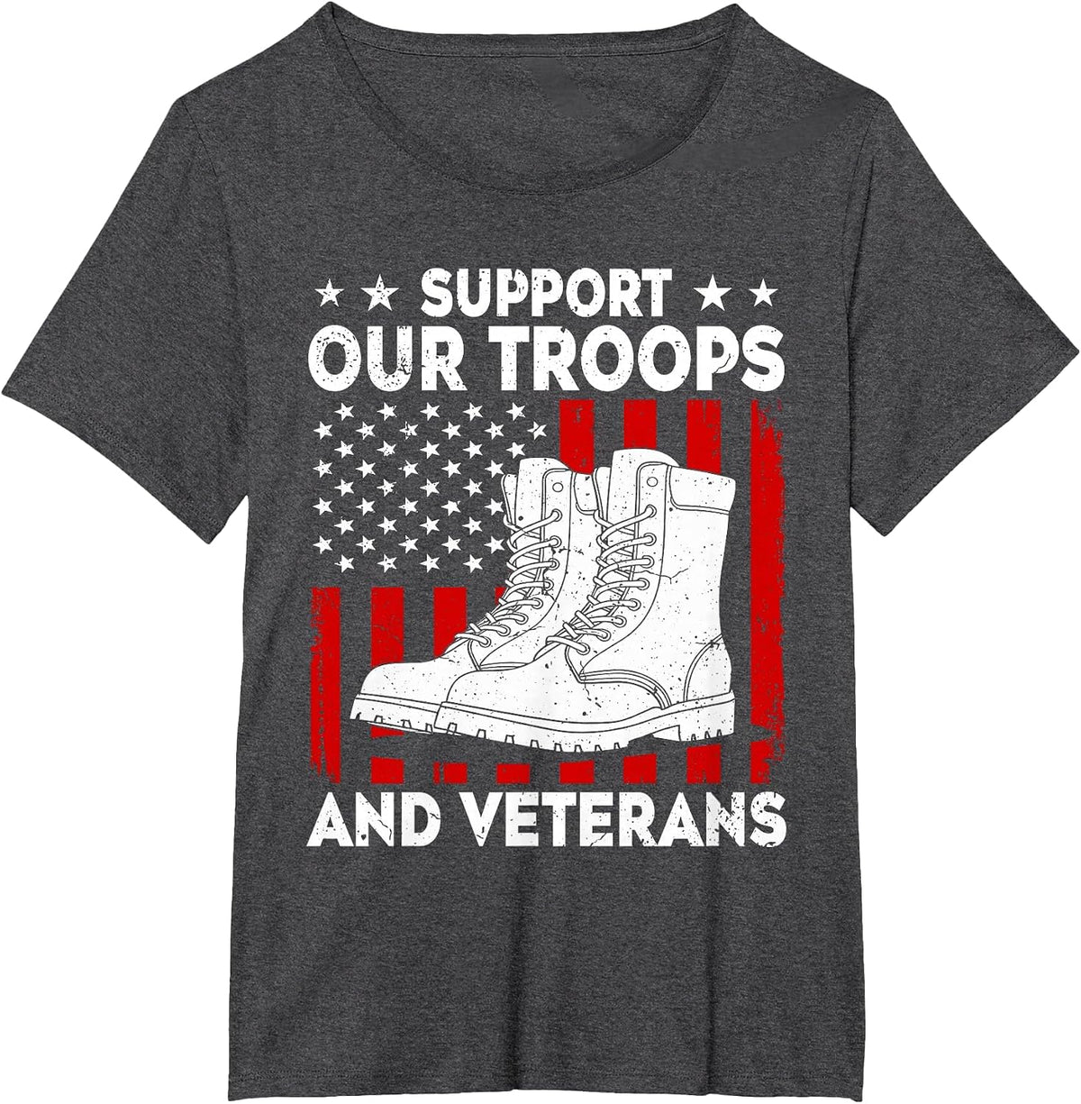 Support Our Troops and Veterans USA Flag Military Support T-Shirt - Dark Heather Grey