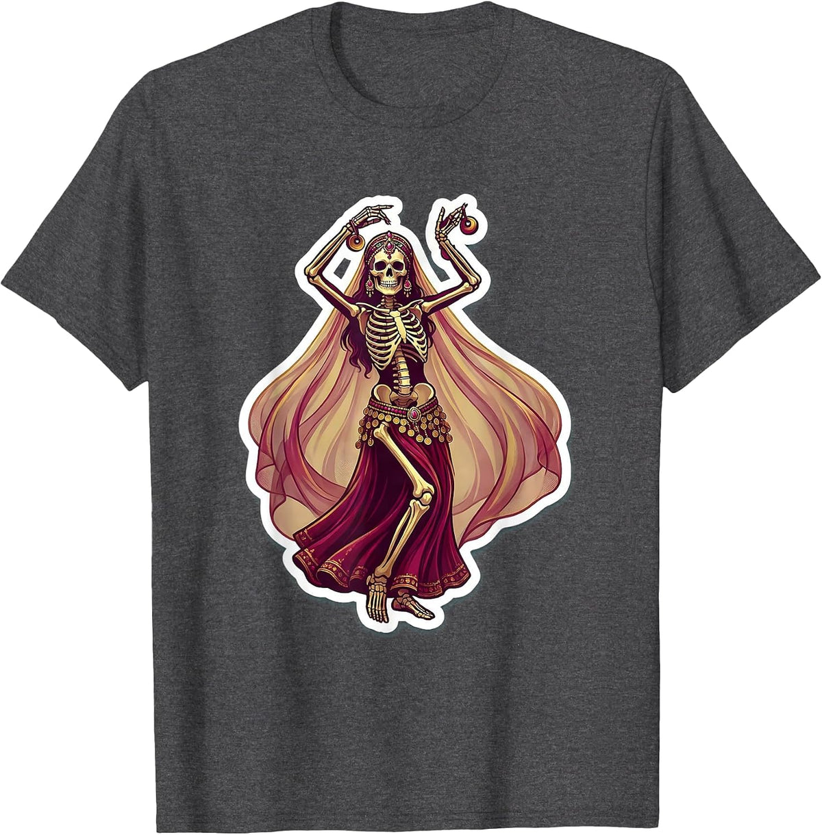 Skeleton Belly Dancer Coin Belt and Veil Illustration T-Shirt - Dark Heather Grey