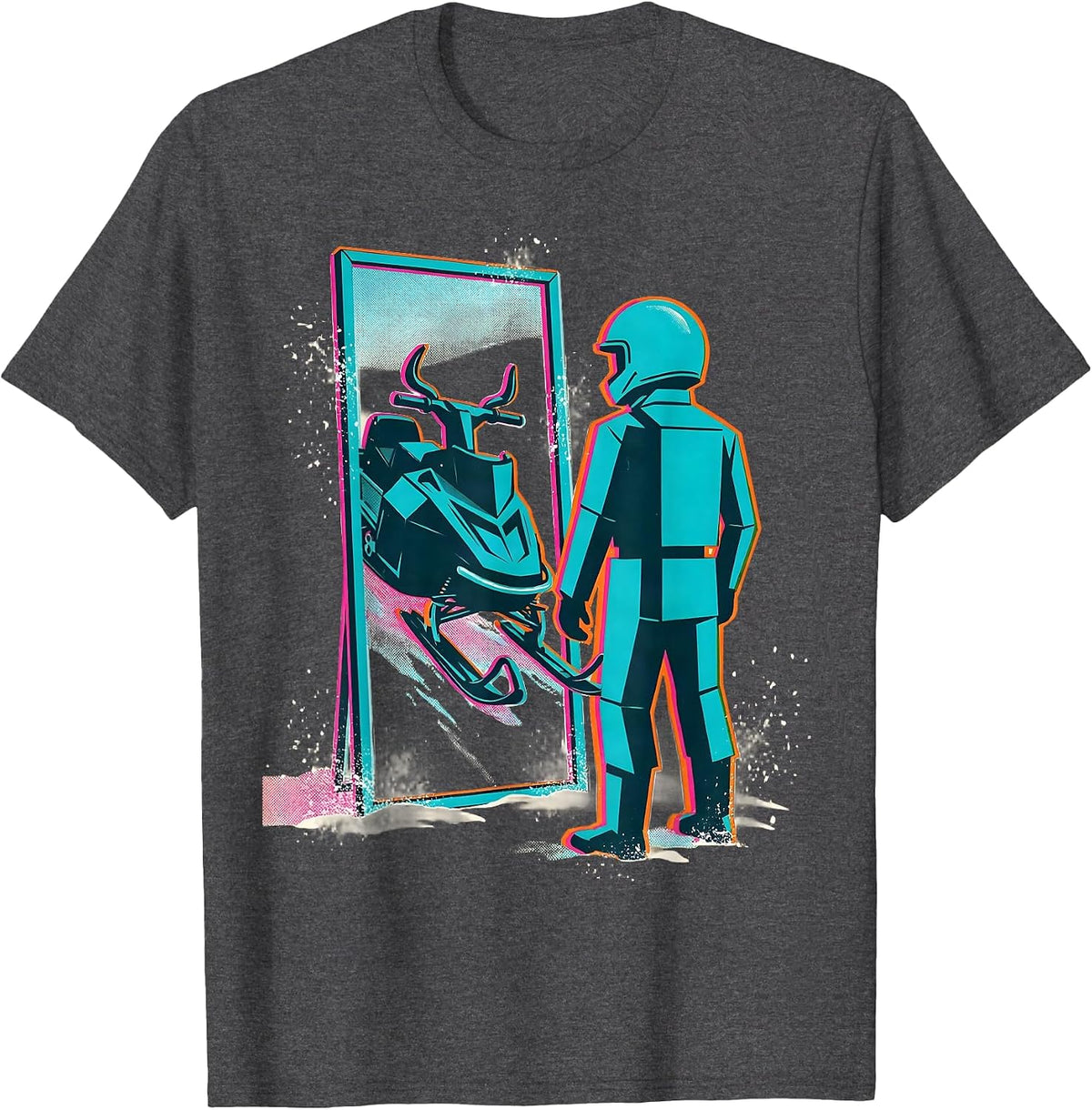 Helmeted Rider Snowmobile Mirror Reflection Humor T-Shirt - Dark Heather Grey