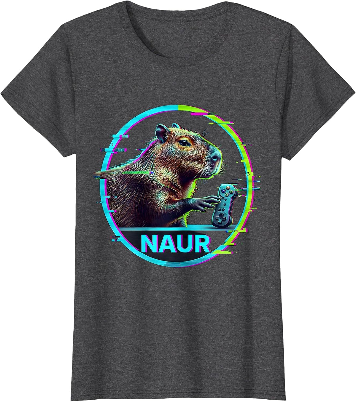 Women's Naur Glitch Datamosh Capybara Gamer Meme Humor T-Shirt - Dark Heather Grey