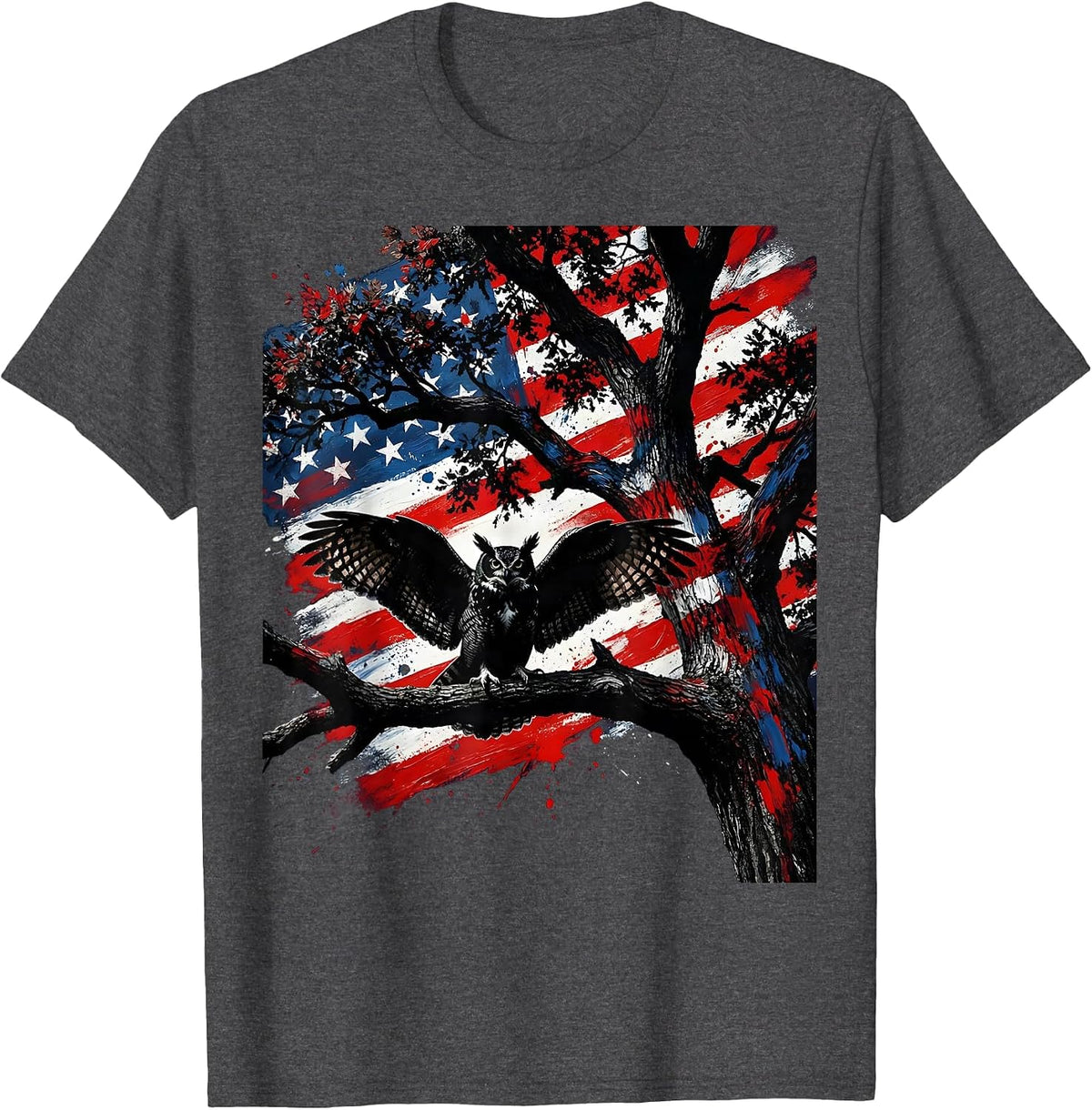 Camo Owl Perched in Oak Tree Illustration T-Shirt - Dark Heather Grey