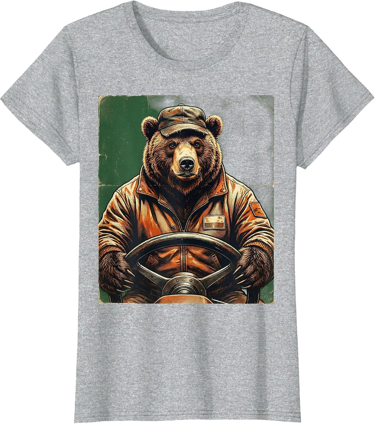 Bus Driver Bear in Uniform Behind the Wheel T-Shirt - Heather Grey