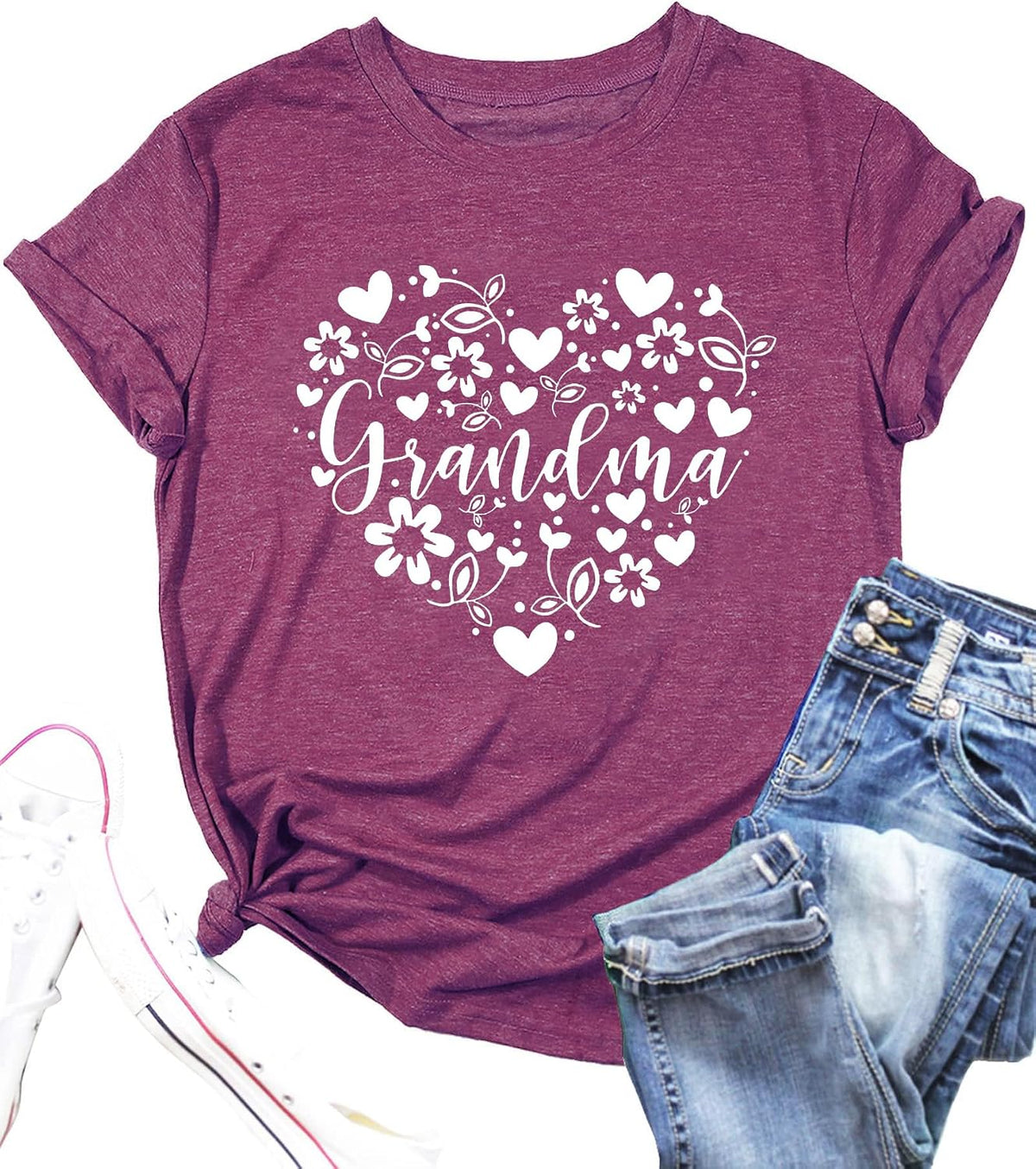 Grandma Tshirts Women Grandmother Life Tee Heart Floral Print Shirts Mama Casual Mother Short Sleeve Top - Purple