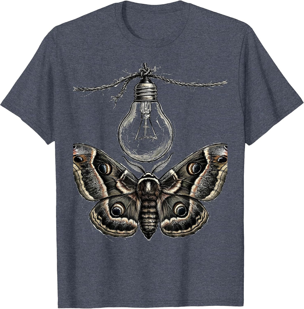 Grunge Moth and Bare Bulb Illustration T-Shirt - Heather Blue