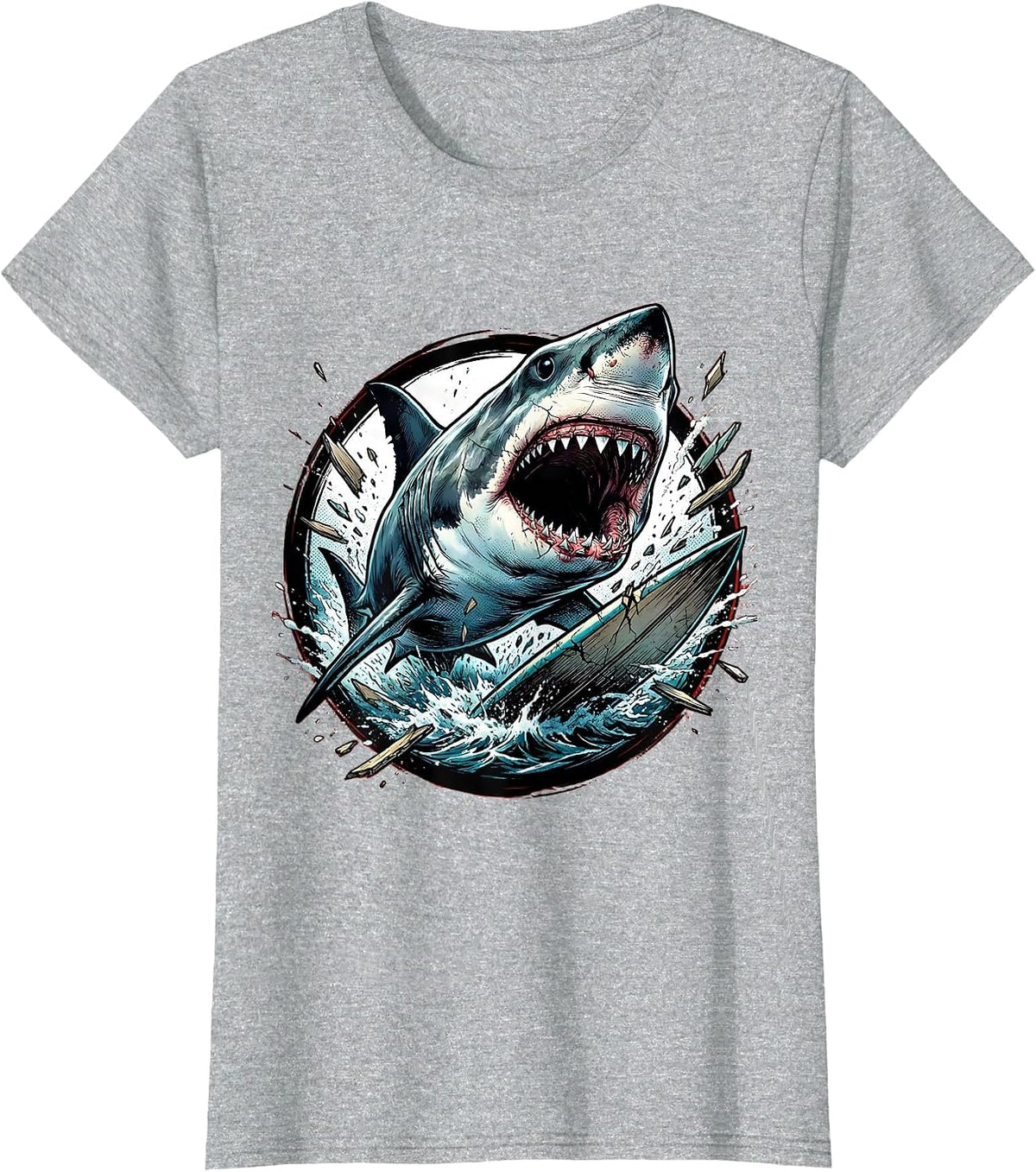 Women's Great White Shark Surfboard Attack Graphic T-Shirt - Heather Grey