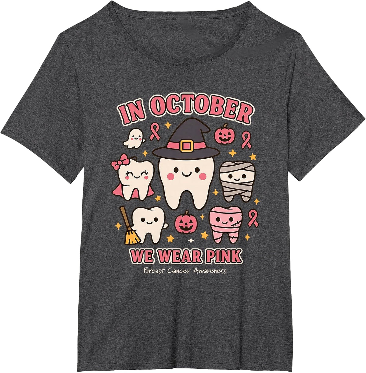 in October We Wear Pink Breast Cancer Awareness Tee T-Shirt for Dental Assistants - Dark Heather Grey