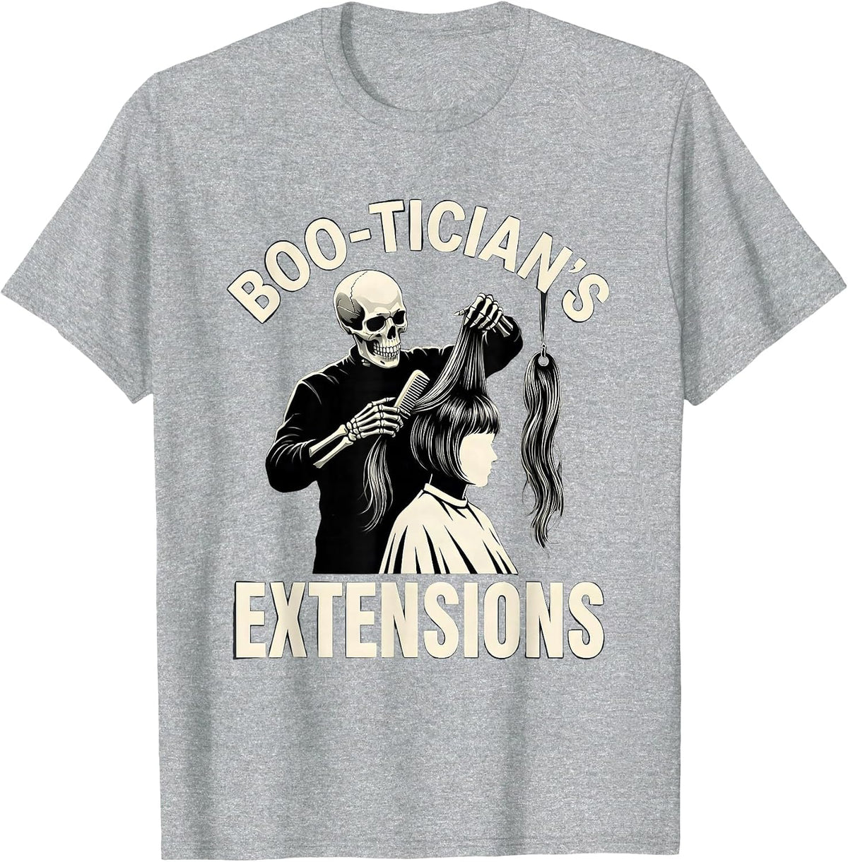 Men's Boo-tician's Extensions Skeleton Hairstylist Halloween Humor T-Shirt - Heather Grey
