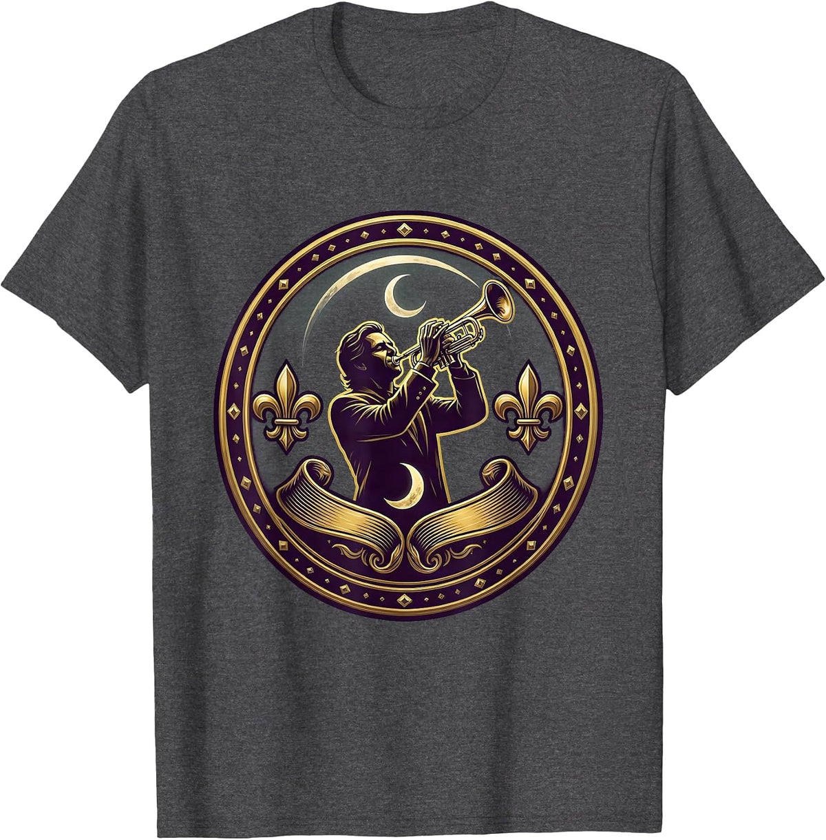 Mardi Gras Jazz Musician Silhouette Crescent Moon T-Shirt - Dark Heather Grey