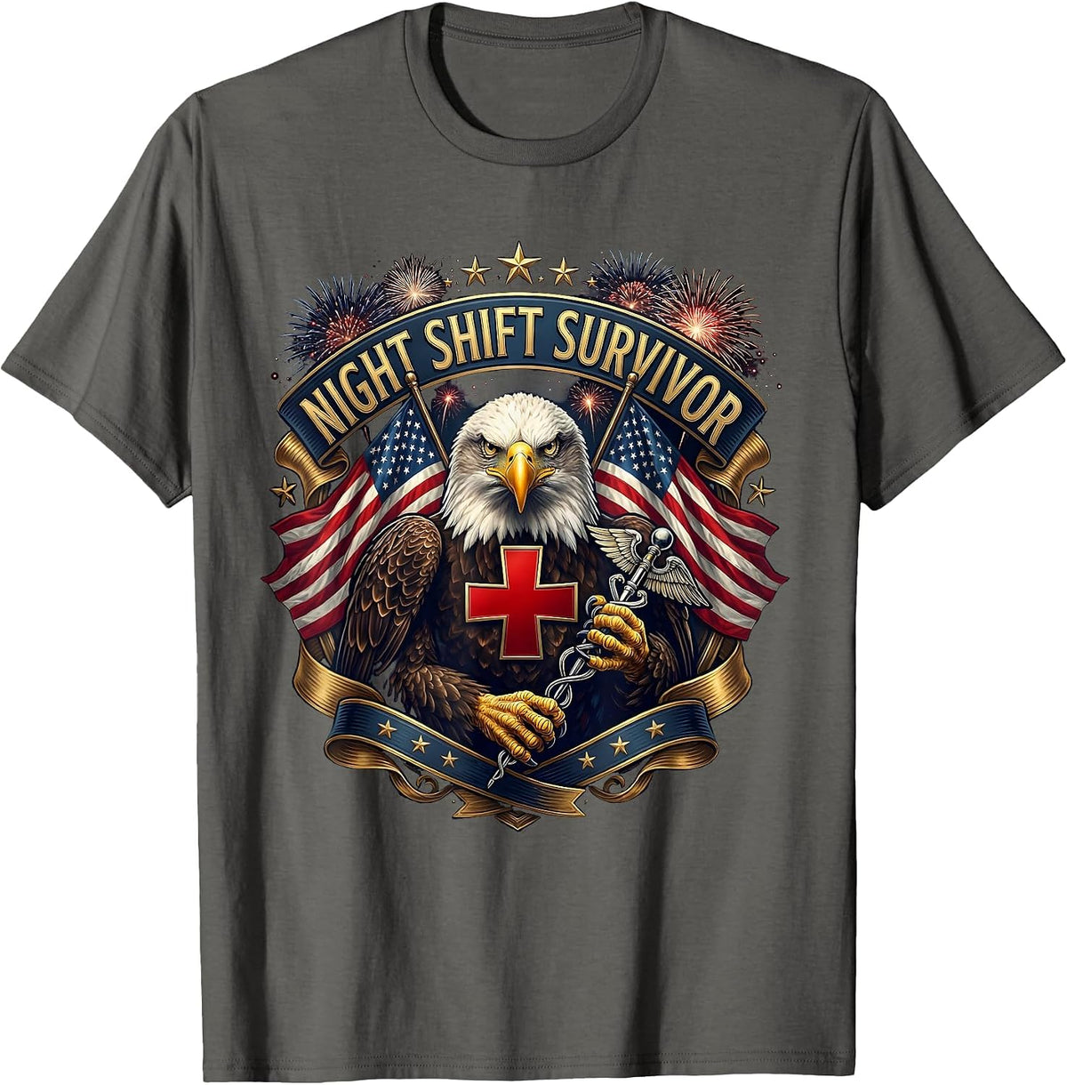 Night Shift Survivor Nurse Graphic Design T-Shirt - Asphalt Grey