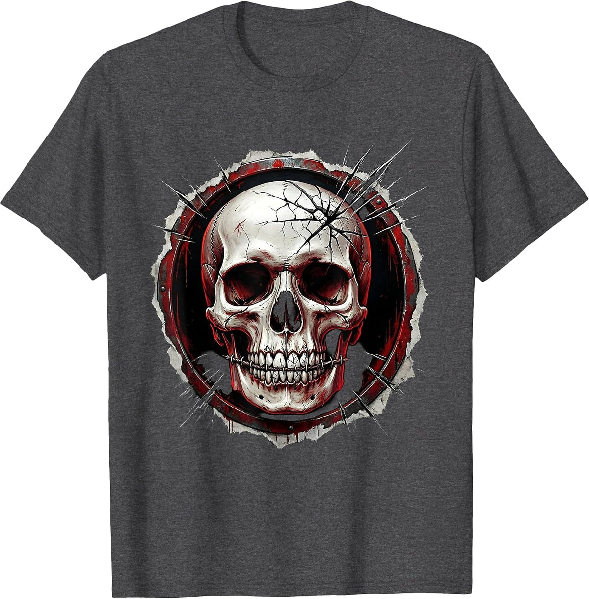 Skull Stitched Grin Cracked Teeth Dark Art Design T-Shirt - Dark Heather Grey