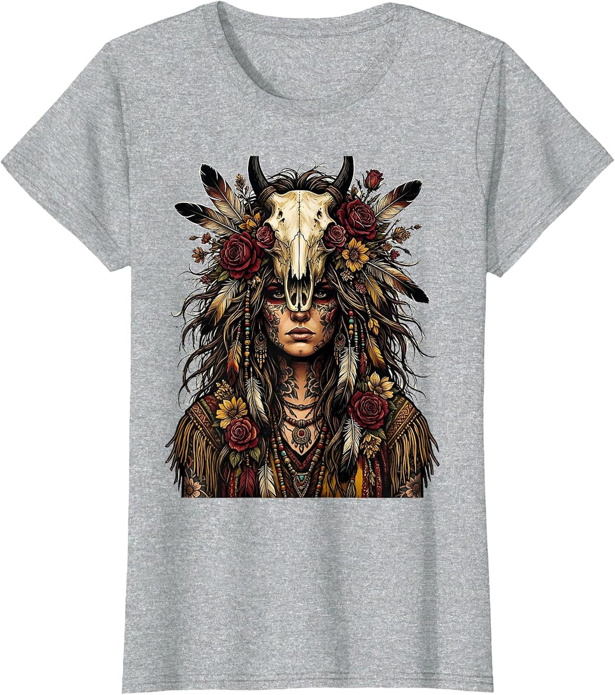 Bohemian Horse Skull Spirit Mystic Art Design T-Shirt - Heather Grey