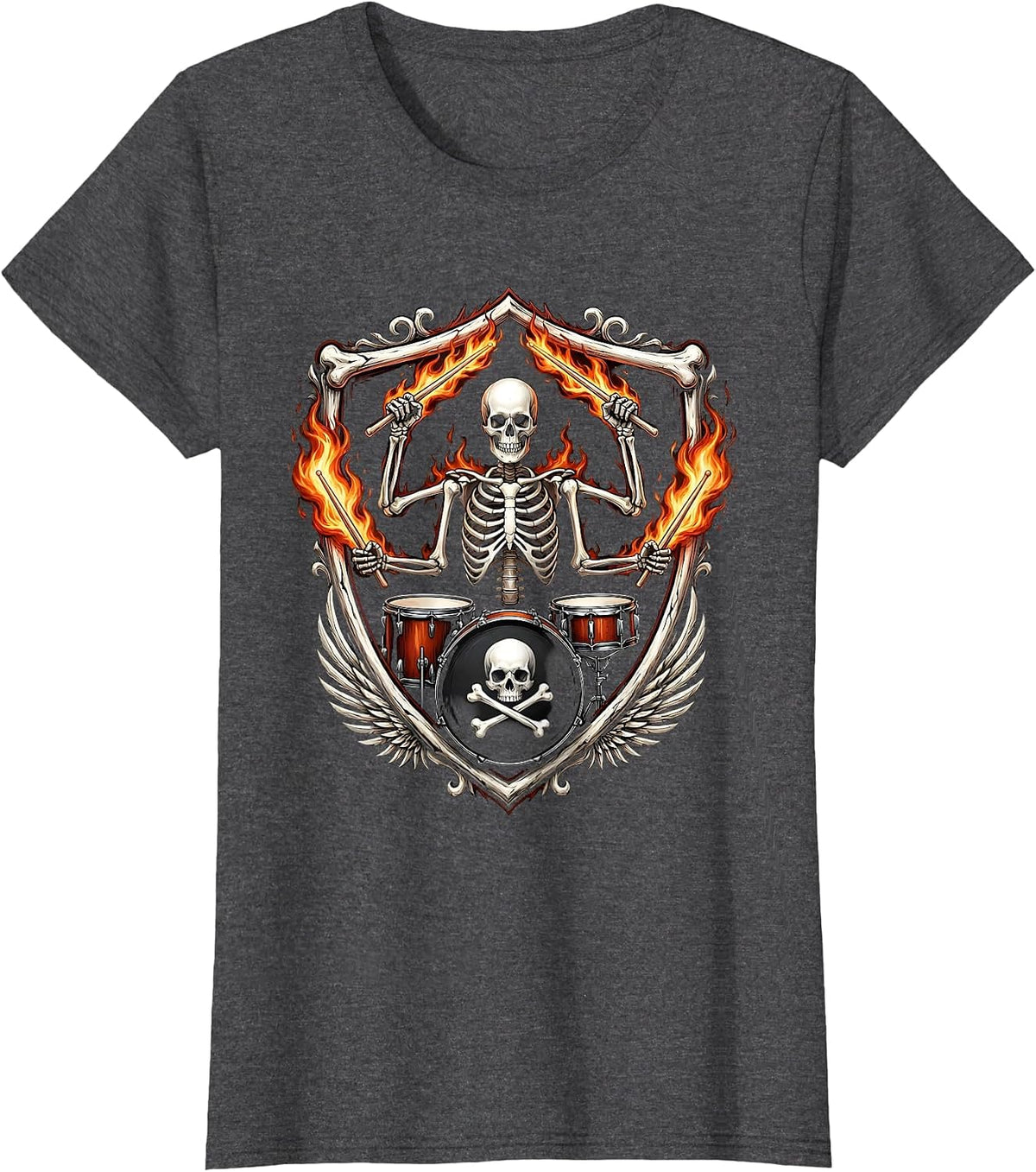 Women's Skeleton Drummer Flaming Drumsticks Metal Band Graphic T-Shirt - Dark Heather Grey