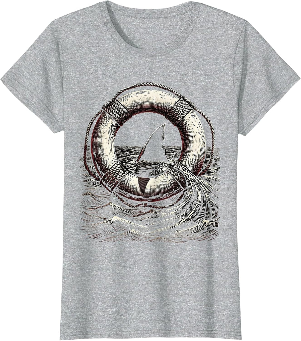 Shark Fin Circling Lifebuoy Cruise Design T-Shirt - Heather Grey