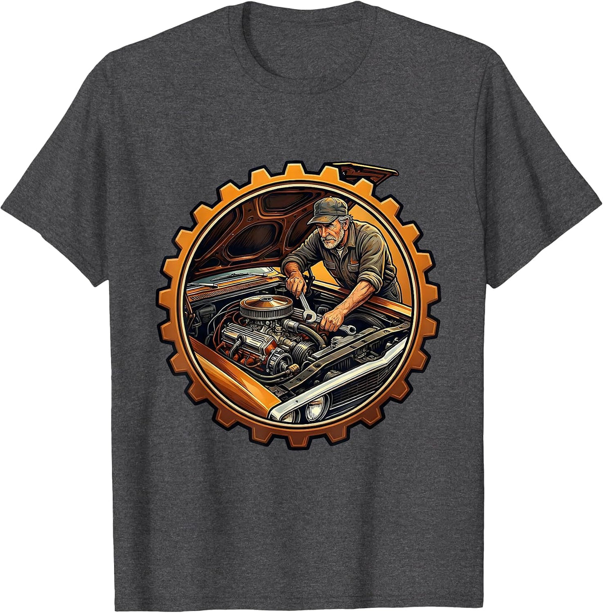 Retired Classic Car Engine Mechanic Graphic Tee T-Shirt - Dark Heather Grey