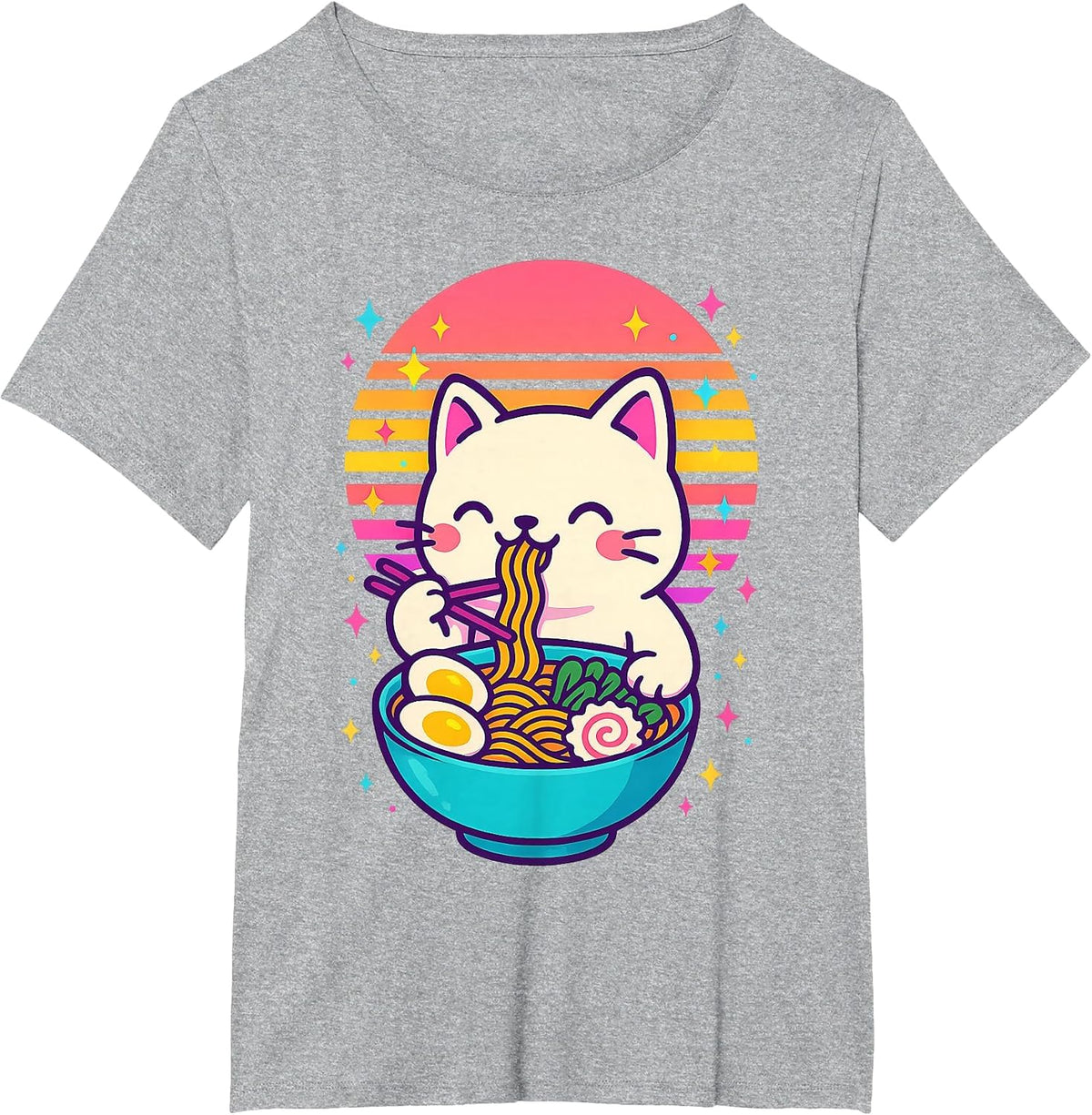 Anime Cat Eating Ramen Japanese T-Shirt - Heather Grey