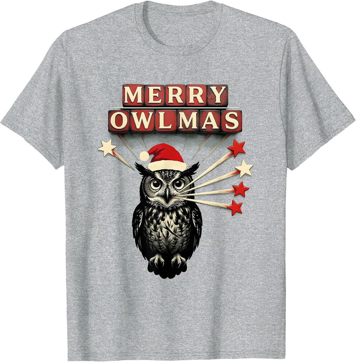 Men's Merry Owlmas! Owl Lover Santa Hat Christmas Lights Novelty T-Shirt - Heather Grey