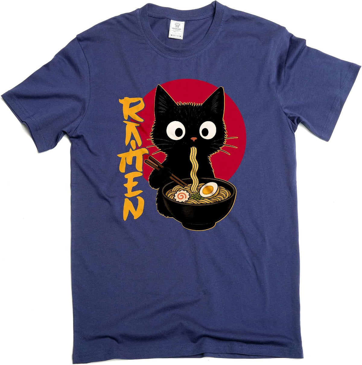 Men's Funny Ramen cat T-Shirt cat Eating Ramen Funny cat pet Food Tee - Navy Blue