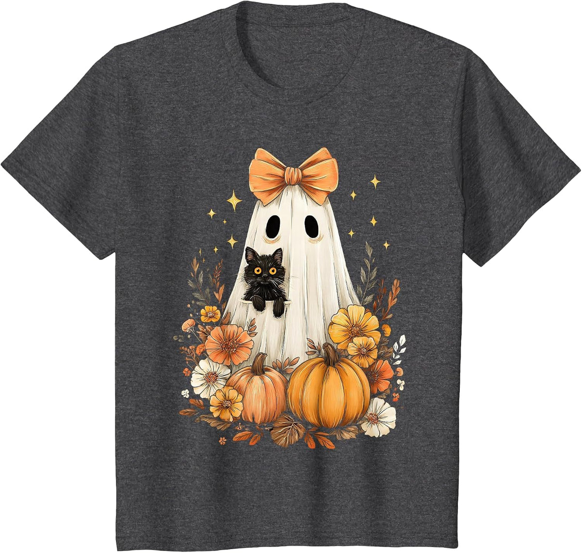 Halloween Vintage Cute Ghost Black Cat Pumpkins Floral T-Shirt - Dark Heather Grey