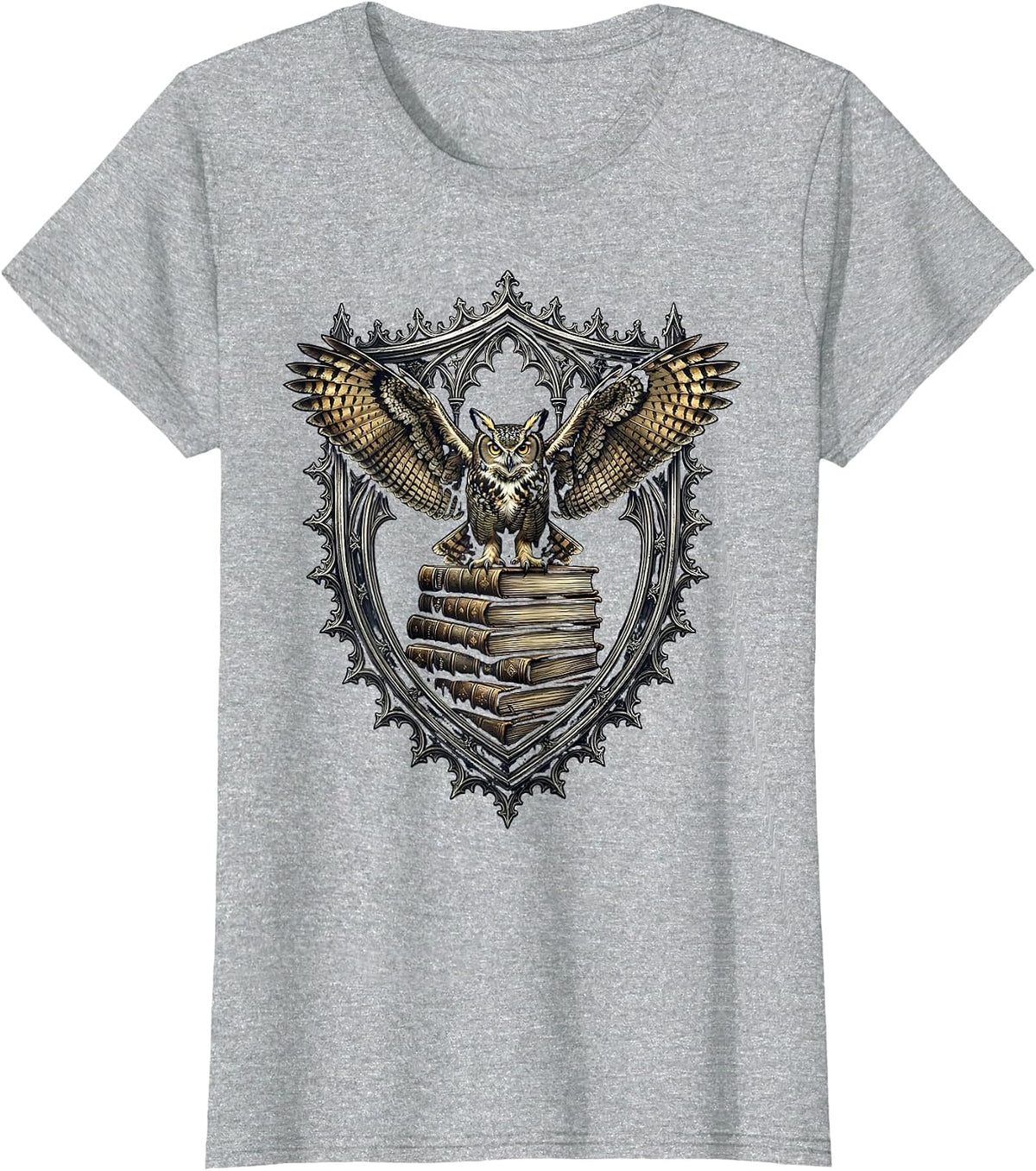 Owl on Ancient Books Renaissance Scholar Design T-Shirt - Heather Grey