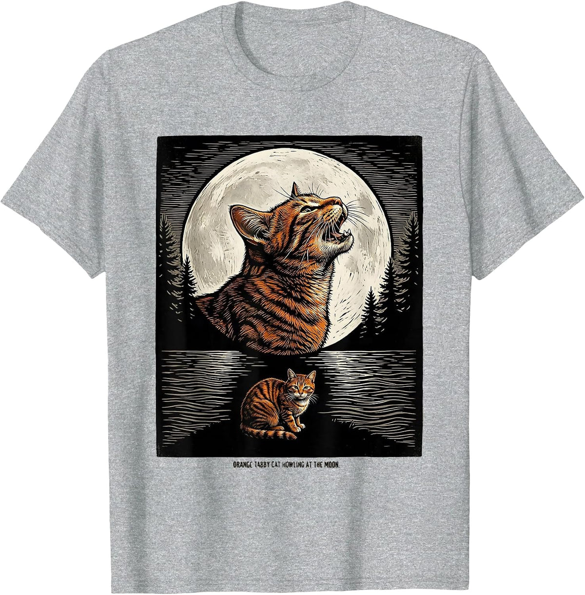 Men's Orange Tabby Cat Howling at the Moon 90's Retro Nature Art T-Shirt - Heather Grey