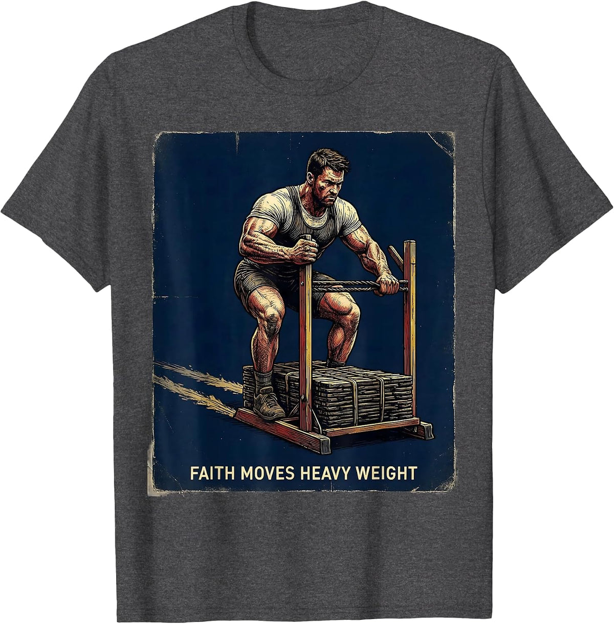 Faith Moves Heavy Weight Vintage Christian Gym Weightlifter T-Shirt - Dark Heather Grey