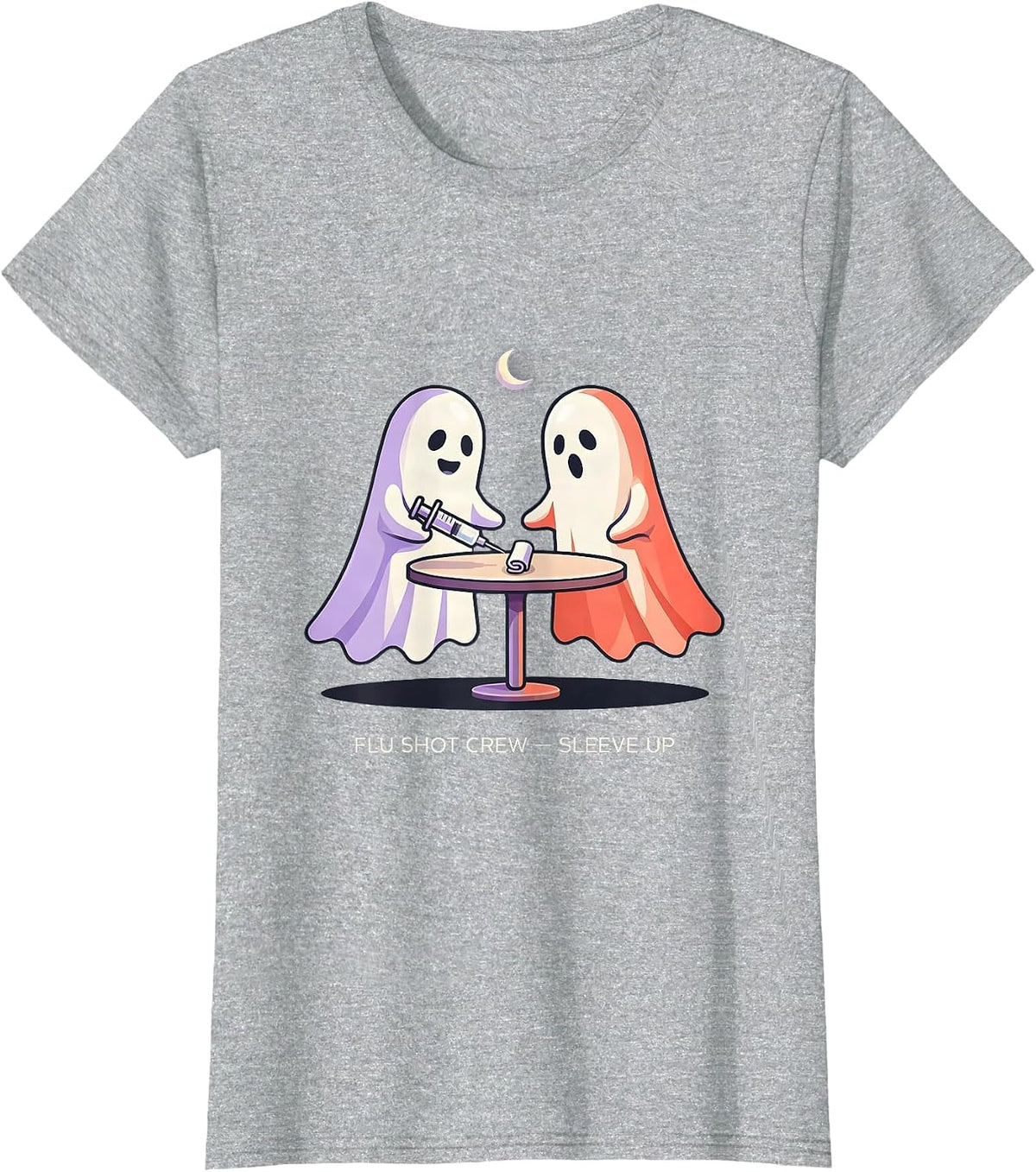 Women's Flu Shot Crew Sleeve Up Funny Halloween Nurse Ghost Vaccine T-Shirt - Heather Grey