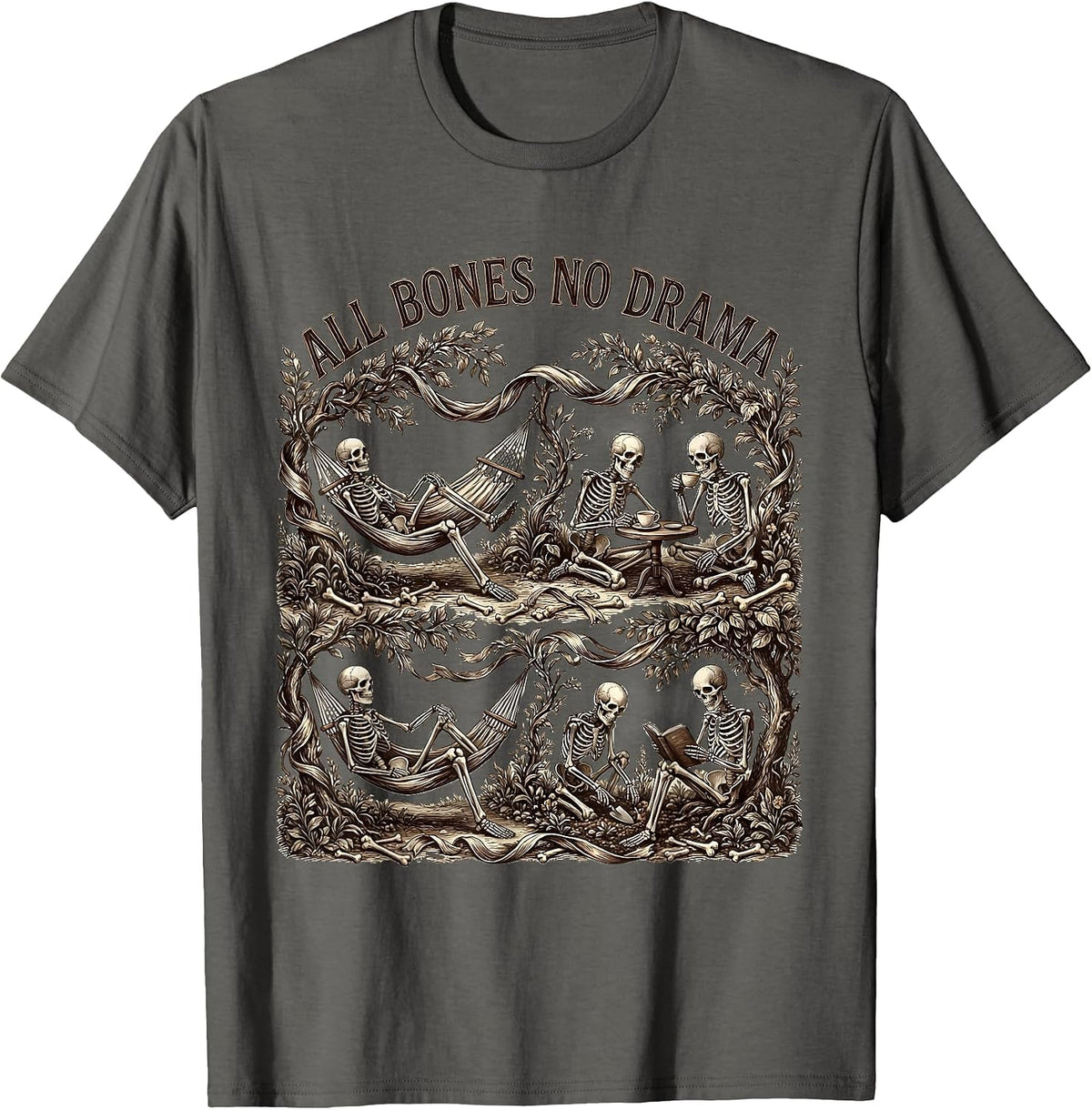 All Bones No Drama Funny Skeleton Design T-Shirt - Asphalt Grey
