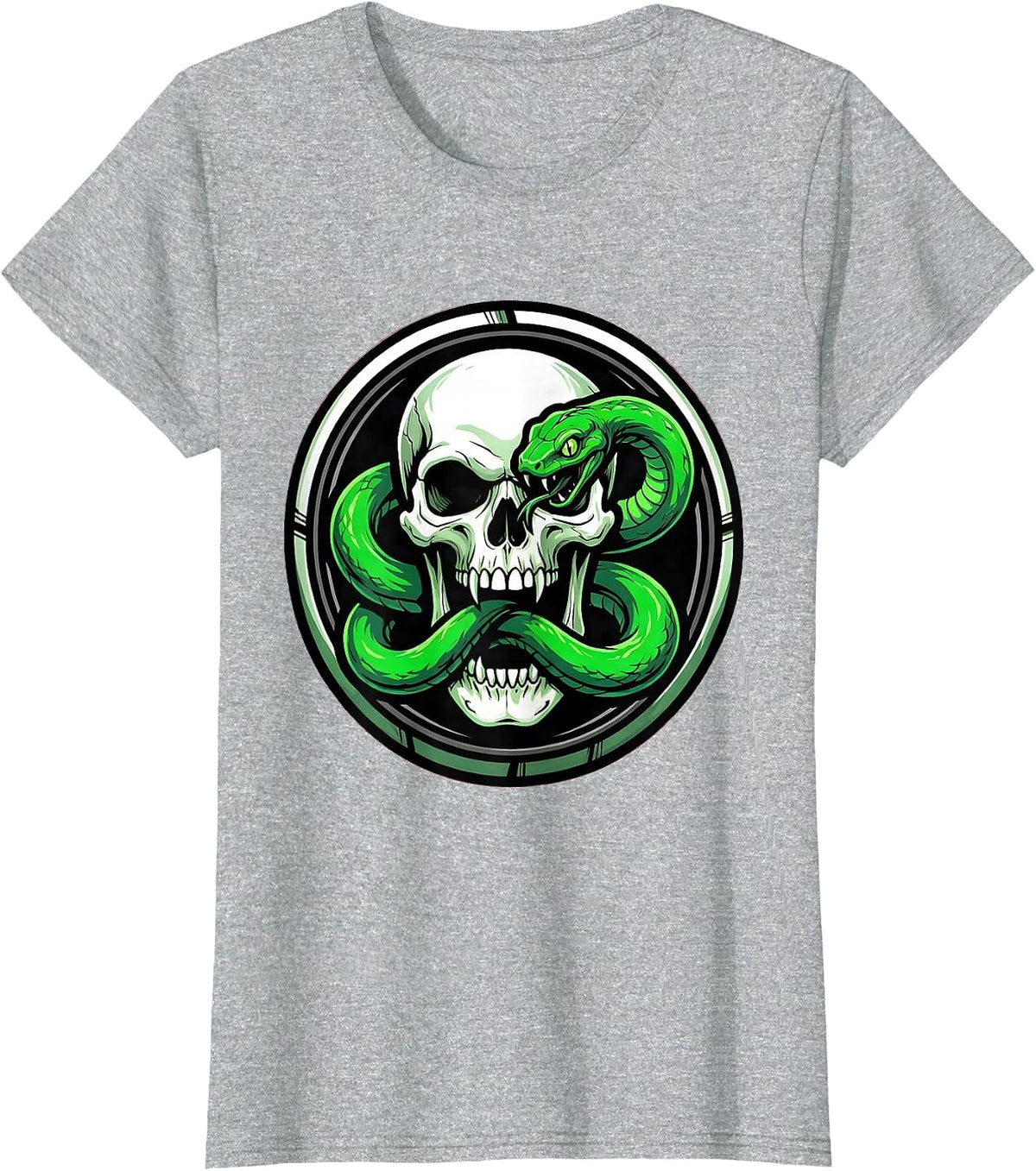 Serpent Coiled Skull Gothic Dark Art Design T-Shirt - Heather Grey