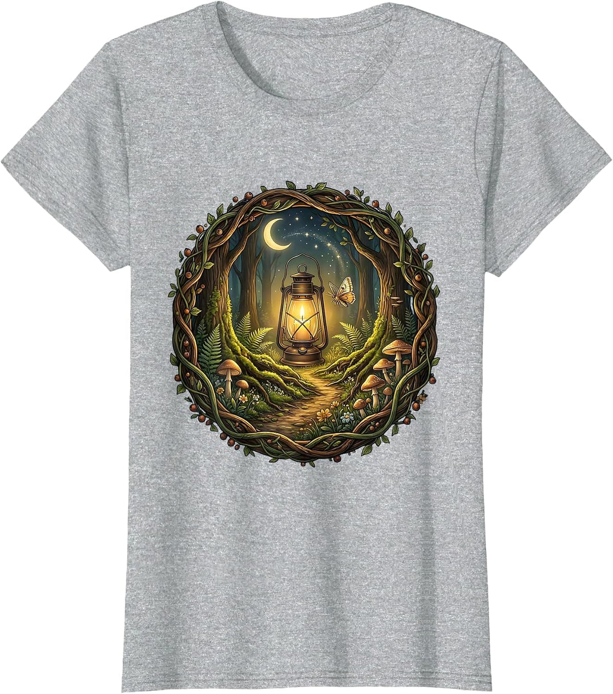 Lantern Lit Forest Path Suicide Awareness Design T-Shirt - Heather Grey