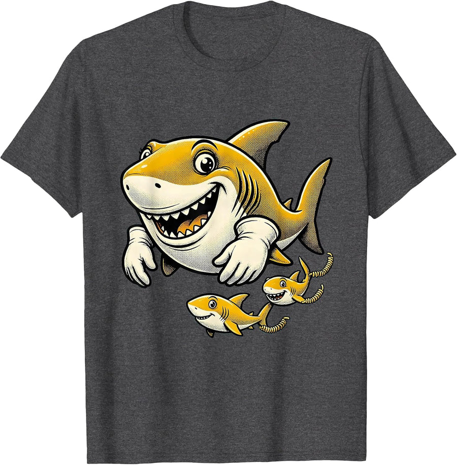 Men's Mama Shark and Pups Swimming in Formation T-Shirt - Dark Heather Grey