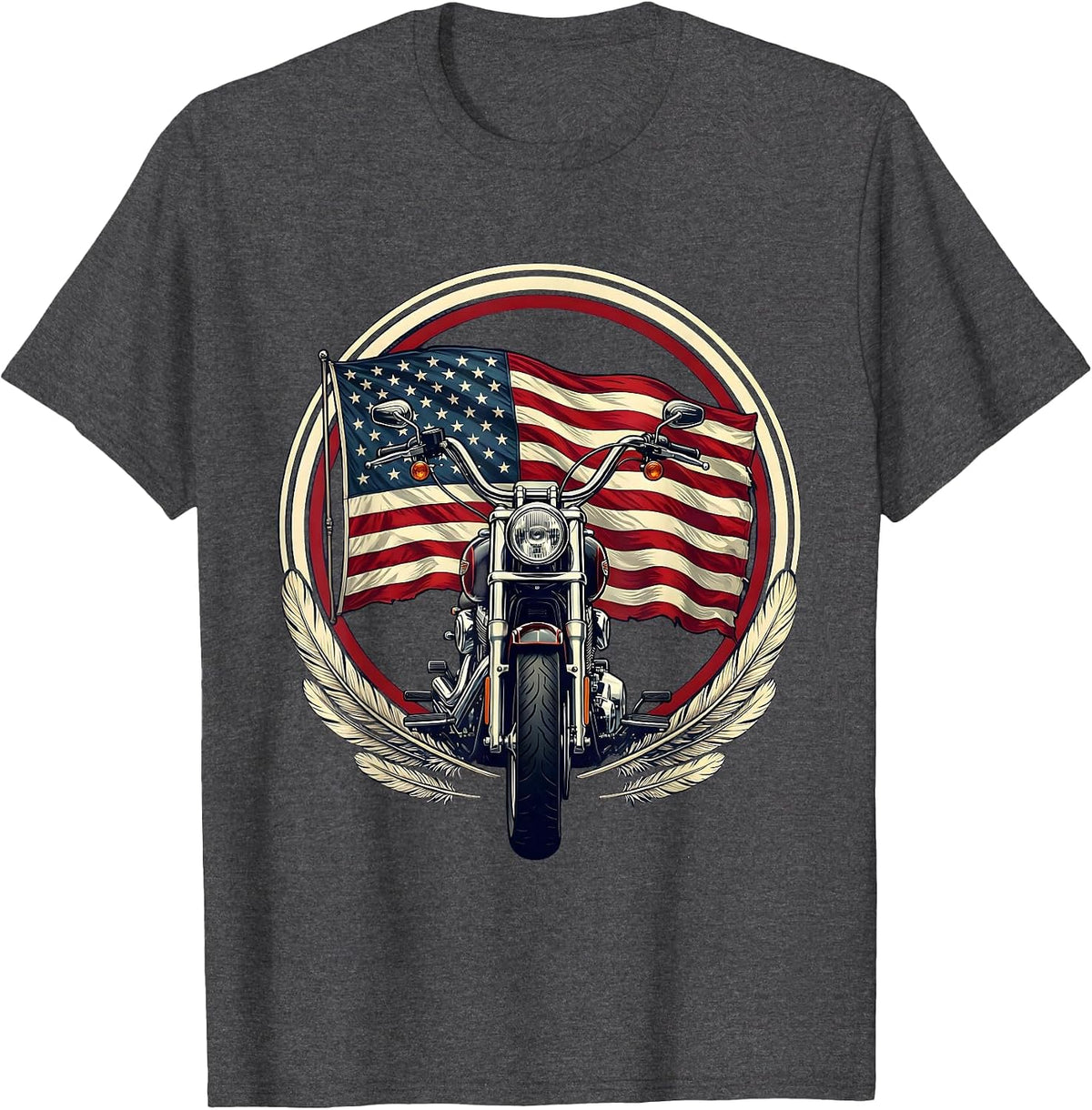 Vintage Motorcycle American Flag Patriotic Graphic T-Shirt - Dark Heather Grey