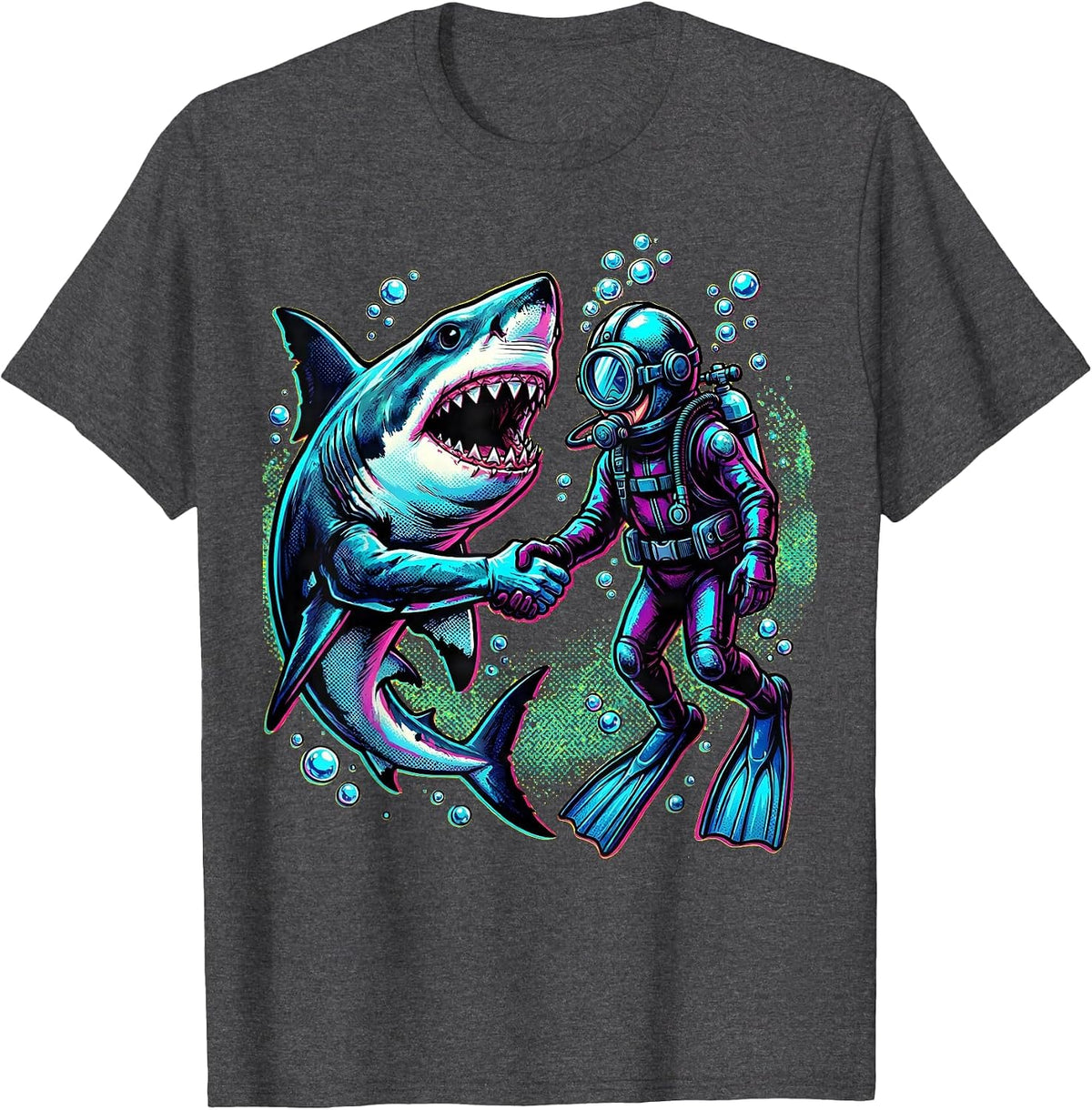 Men's Shark and Diver Holding Hands Underwater Art T-Shirt - Dark Heather Grey