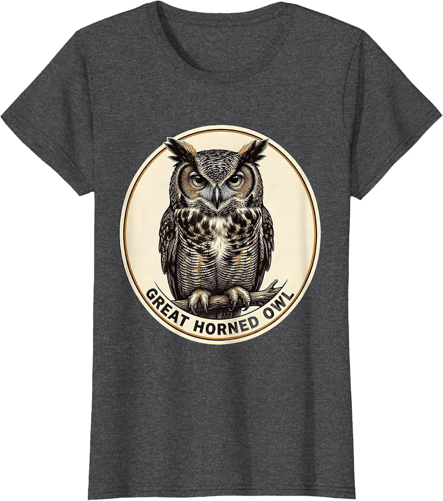 Women's Great Horned Owl Crosshatch Etching Bird Lover Vintage T-Shirt - Dark Heather Grey