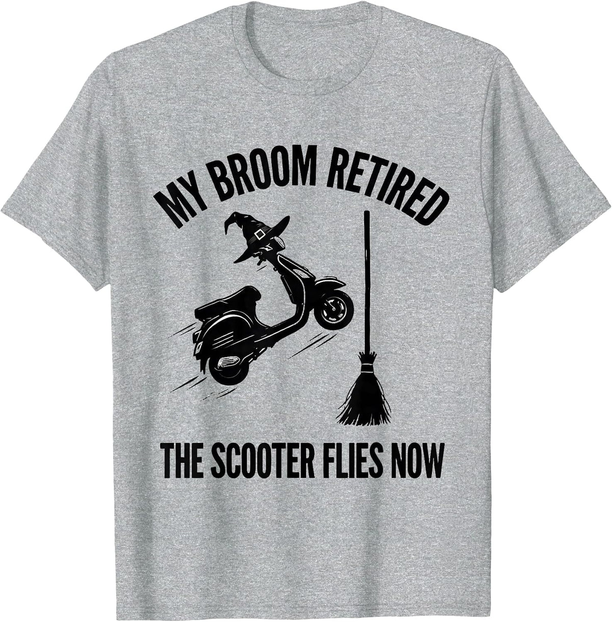 Men's My Broom Retired, The Scooter Flies Now Halloween T-Shirt - Heather Grey
