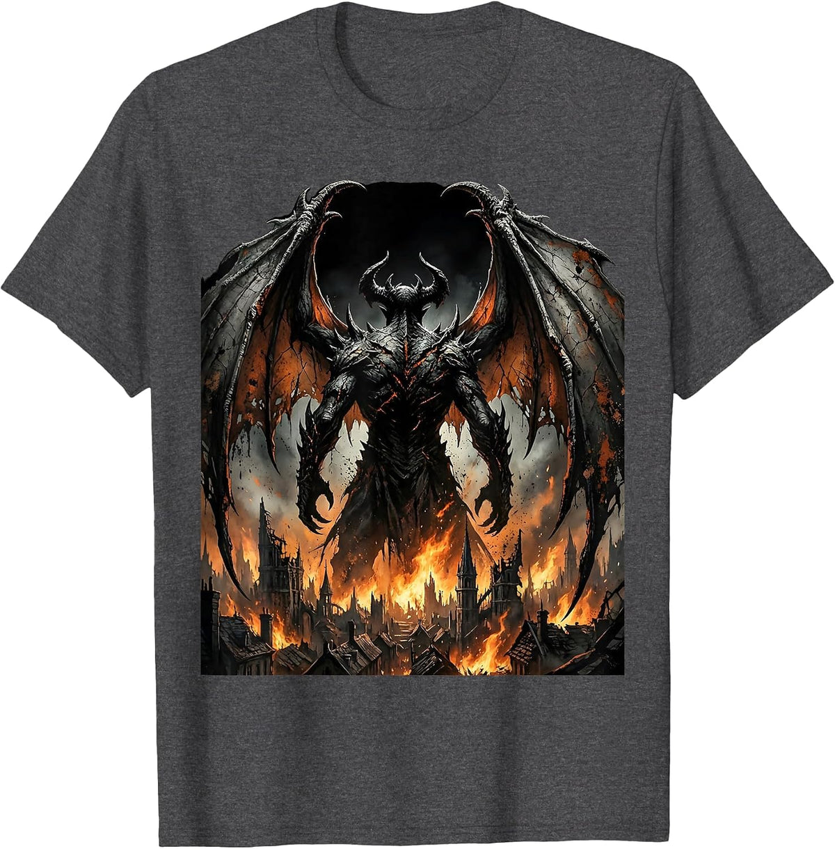 Demon Wings Burning City Halloween Graphic T-Shirt - Dark Heather Grey