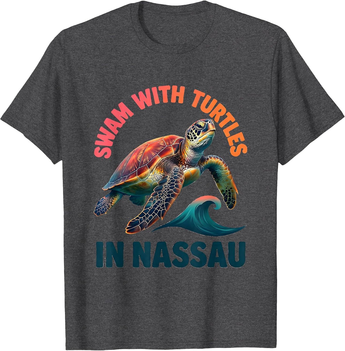 Men's Swam With Turtles In Nassau Gradient Sea Turtle Souvenir T-Shirt - Dark Heather Grey