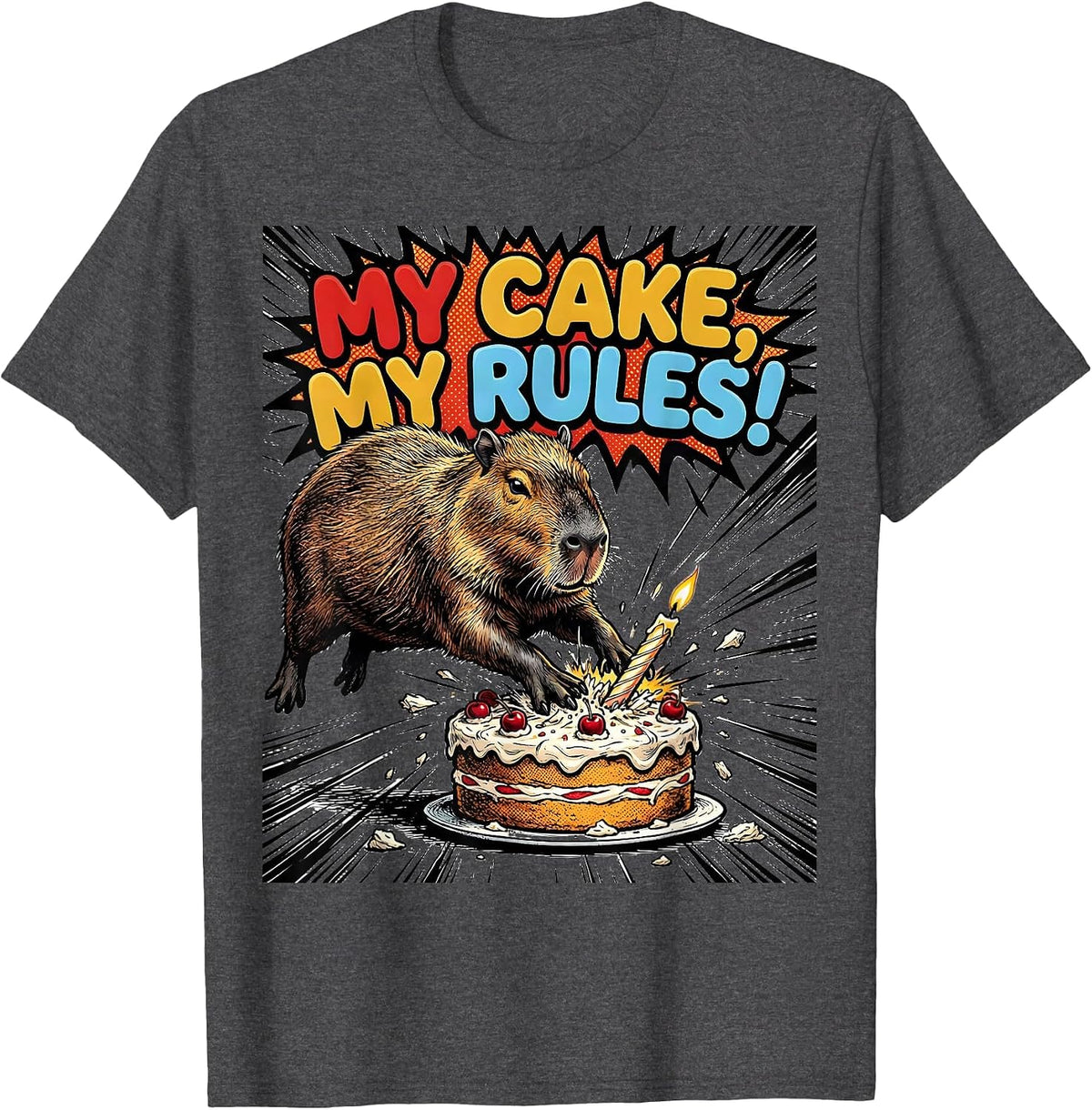 My Cake My Rules Comic Book Capybara Kids Birthday Party T-Shirt - Dark Heather Grey