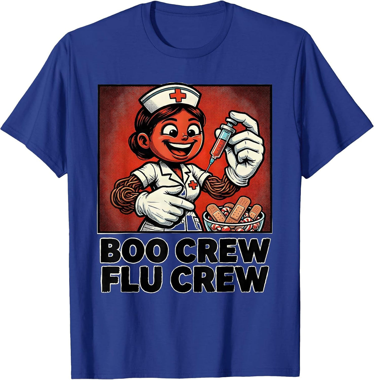 Men's Boo Crew Flu Crew Retro Cartoon Nurse Vaccine Humor T-Shirt - Royal Blue