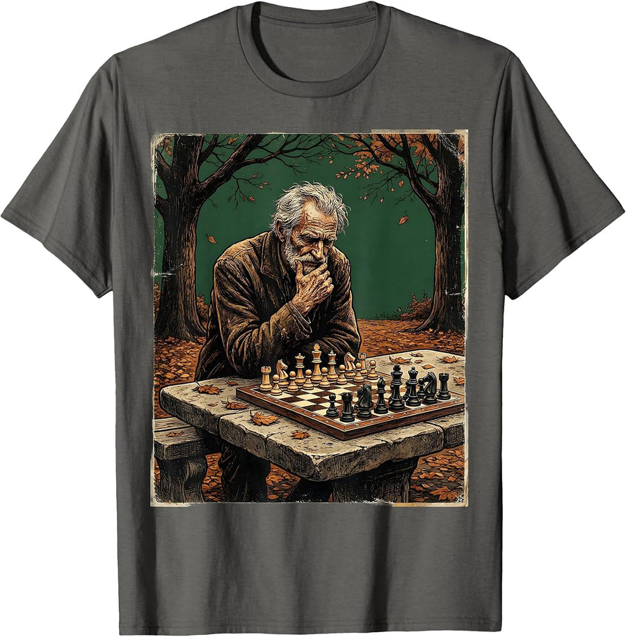 Grandpa Chess Player Alone in the Park Graphic T-Shirt - Asphalt Grey