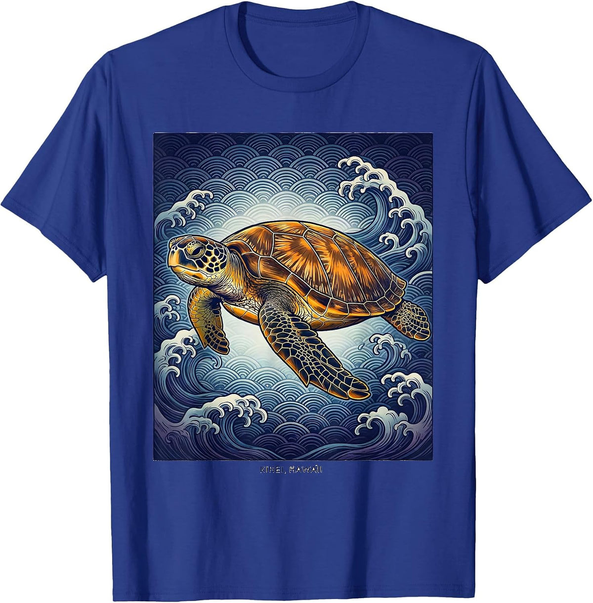 Kihei Hawaii Ukiyo-e Sea Turtle Beach Souvenir Vacation T-Shirt - Royal Blue