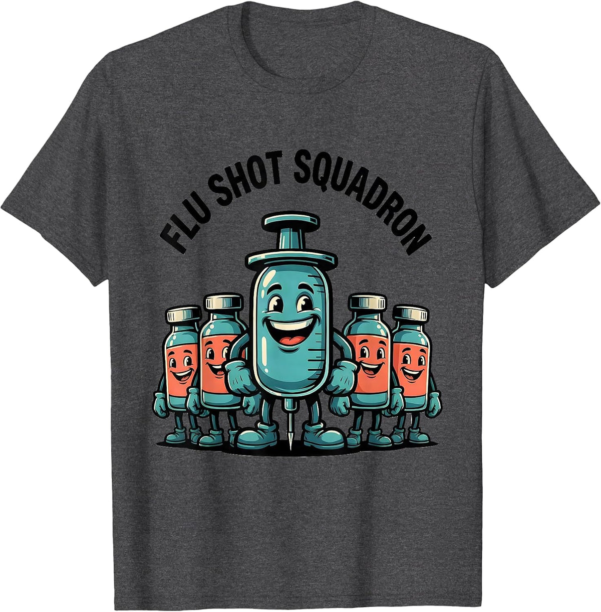 Flu Shot Squadron Cartoon Nurse Doctor Vaccine Humor T-Shirt - Dark Heather Grey
