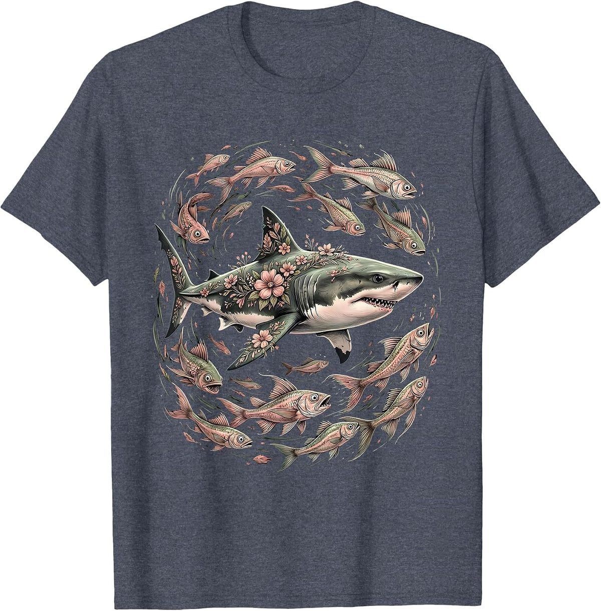 Calm Shark Panicked Fish Funny Ocean Design T-Shirt - Heather Blue