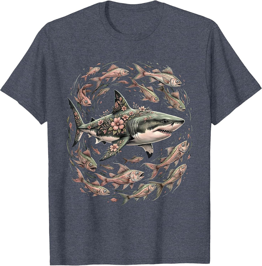 Calm Shark Panicked Fish Funny Ocean Design T-Shirt - Heather Blue