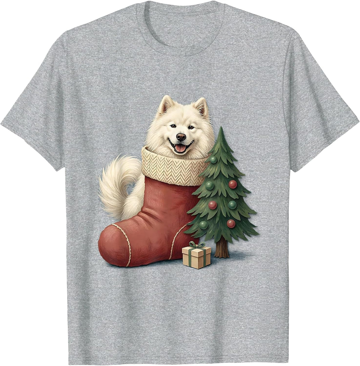 Men's Samoyed In Stocking Storybook Christmas Dog Lover Gift T-Shirt - Heather Grey