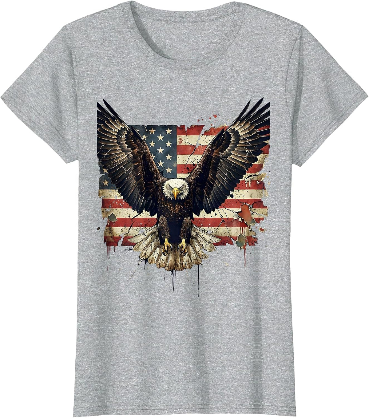 Eagle Wings Spread Across American Flag Design T-Shirt - Heather Grey