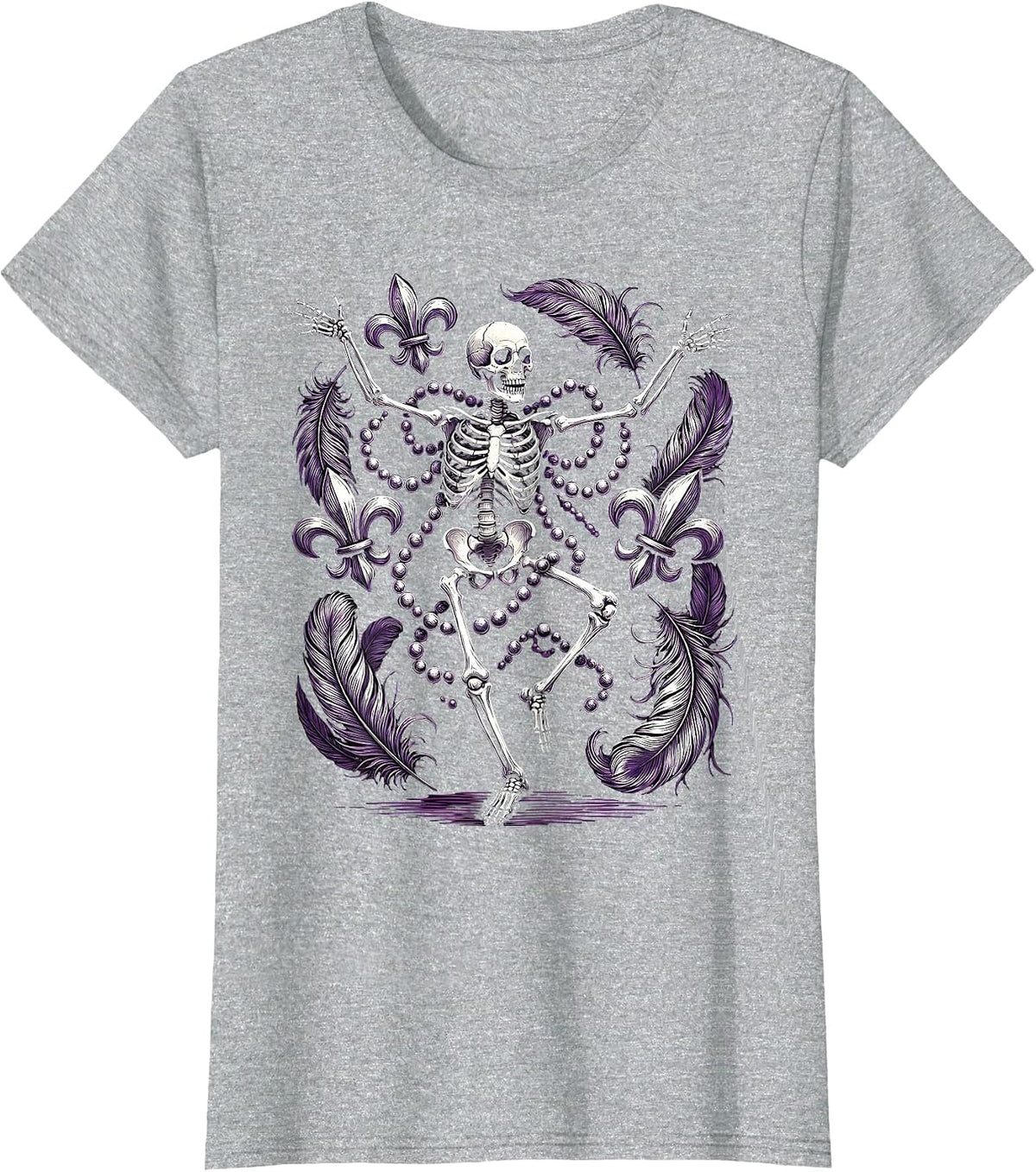 Skeleton Mardi Gras Beads Festive Dancing Design T-Shirt - Heather Grey