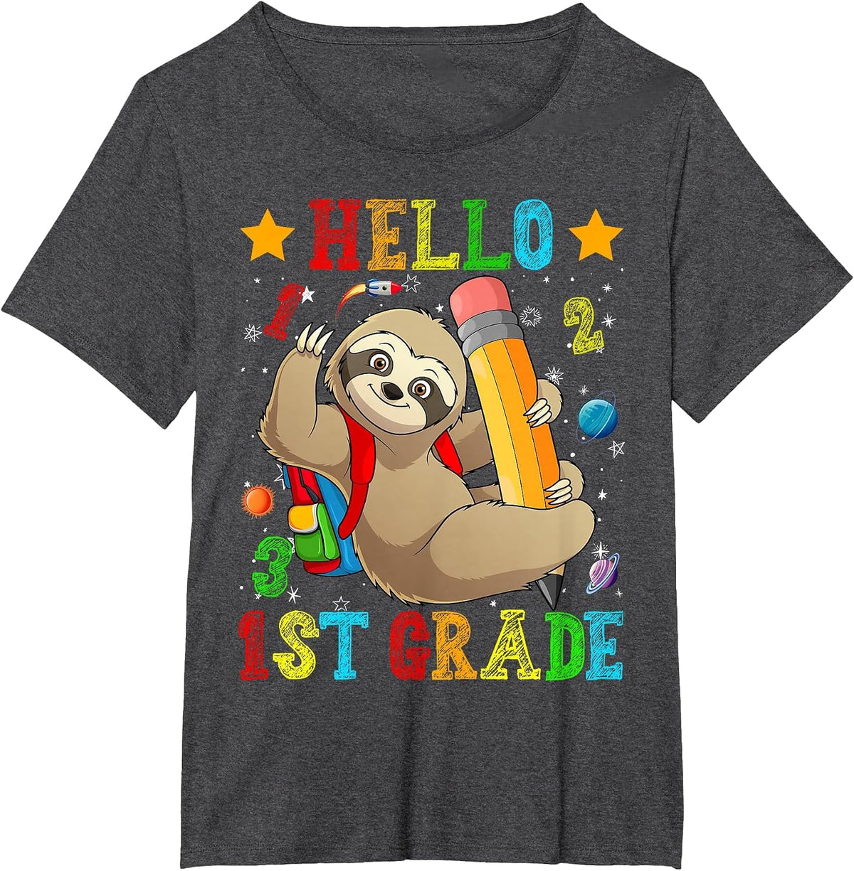 Cute Hello 1st Grade Sloth Animal Back to School Kids Girls T-Shirt - Dark Heather Grey