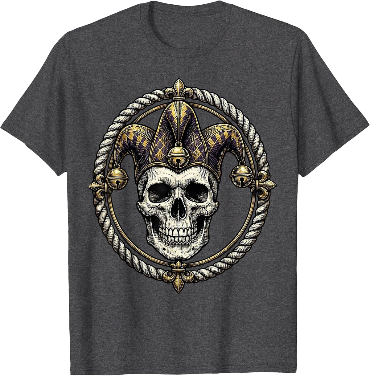 Mardi Gras Jester Skull Three-Pointed Hat T-Shirt - Dark Heather Grey