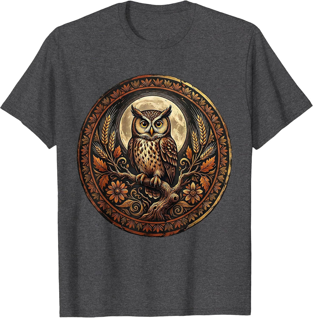 Men's Owl Harvest Moon Thanksgiving Graphic T-Shirt - Dark Heather Grey